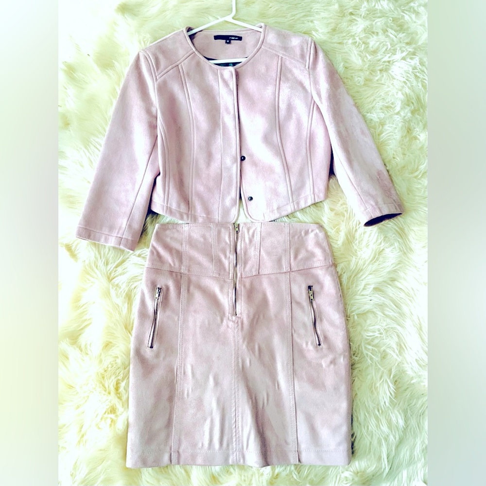 Strawberry pink faux suede jacket and skirt